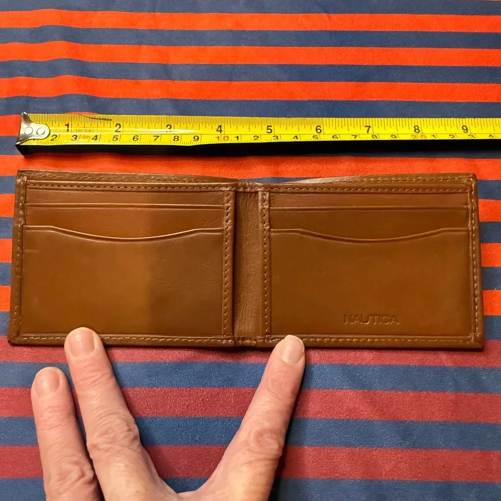 Nautica Mens Bifold Wallet Gray Canvas Brown Leather Trim Card Billfold